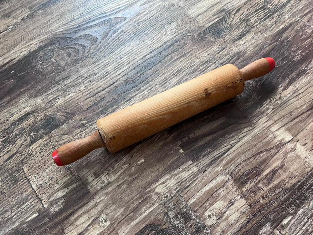 Vintage Wooden Rolling Pin with Red Handles, Rustic Farmhouse Kitchen Decor